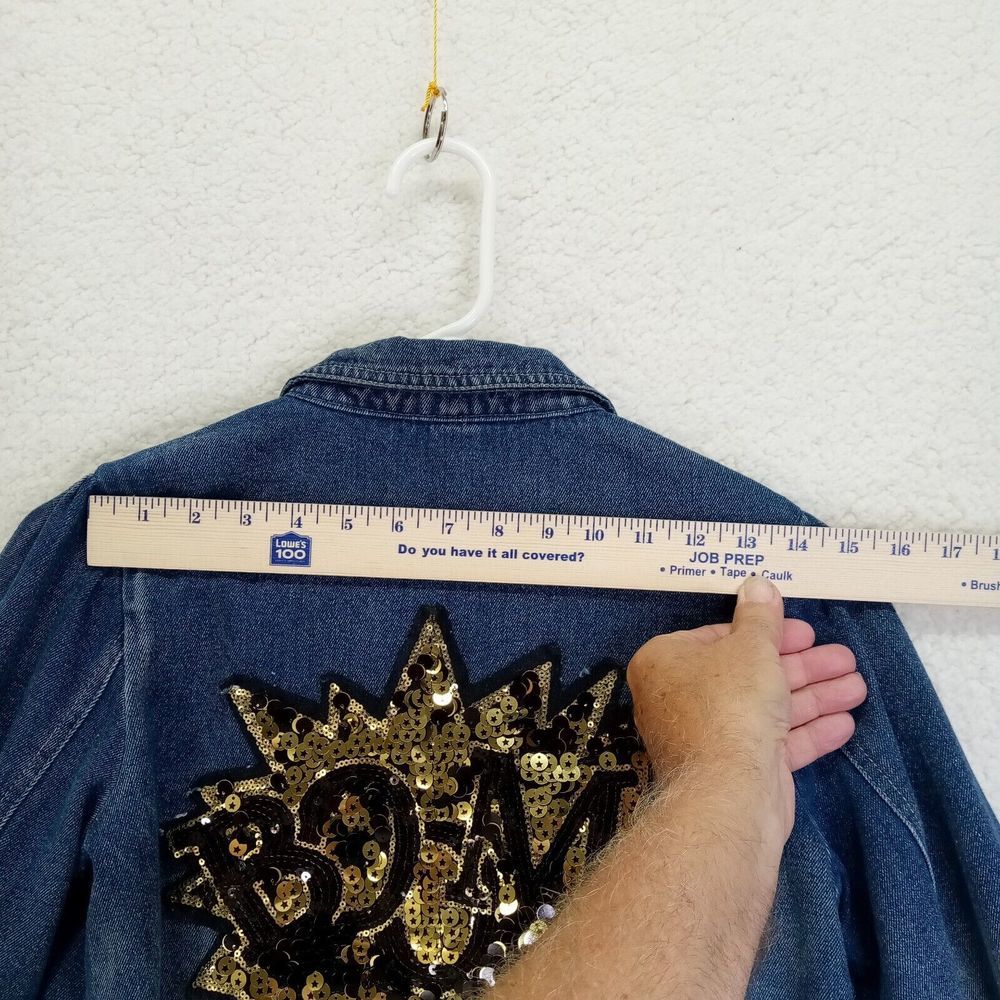 Boom Sequin Hi-Low Hem Denim Jacket Girls Sz 10-12 Blue Distressed - Picture 13 of 14